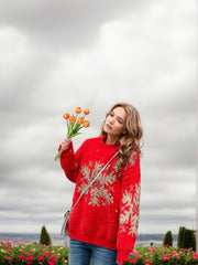 Golden Thread Snowflake Christmas Sweater Round Neck Long Sleeve Hoodie for Women