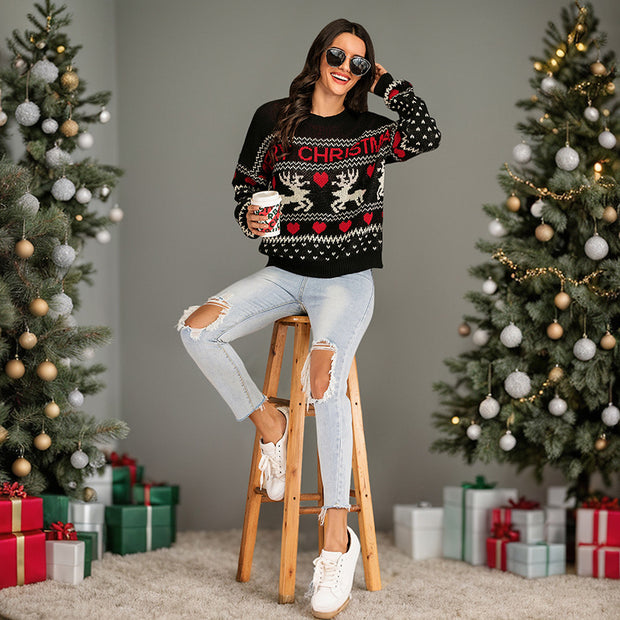Christmas sweater autumn and winter deer jacquard pullover knitted sweater for women