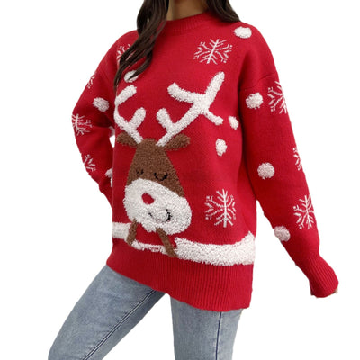 Knitted sweater top round neck Christmas red sweater for women