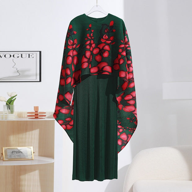Pleated fashionable suit with slim dress + printed shawl jacket two-piece set