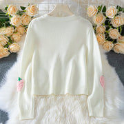 Strawberry Pattern Crew Neck Women's Sweater Elegant Long Sleeve Knitwear