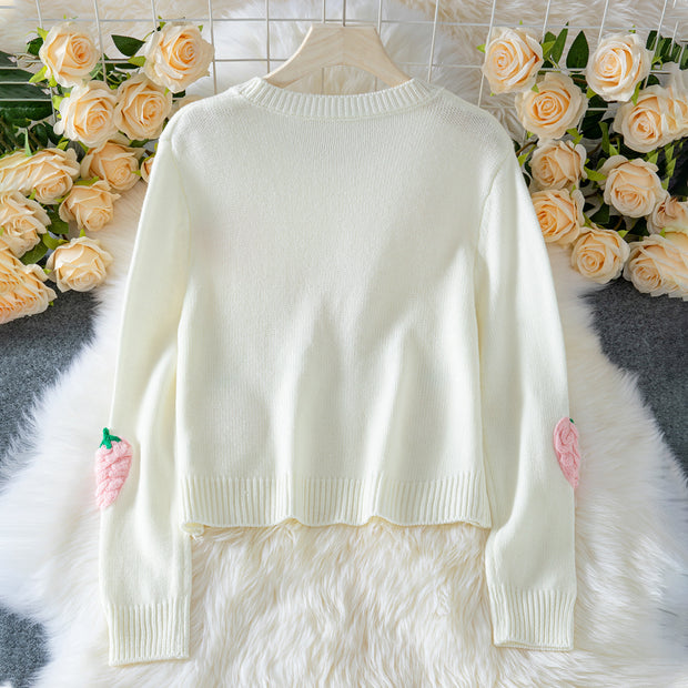 Strawberry Pattern Crew Neck Women's Sweater Elegant Long Sleeve Knitwear