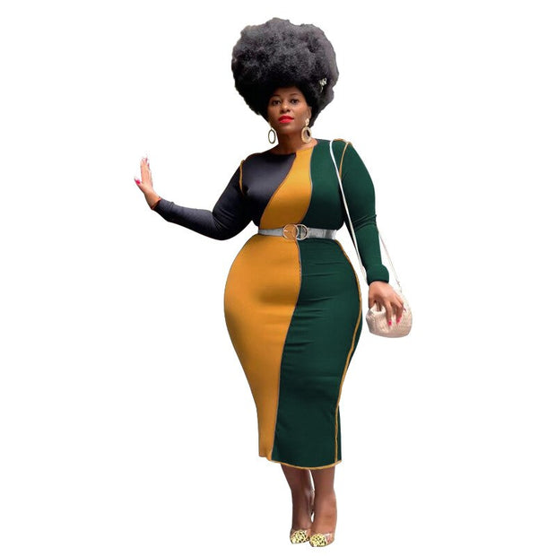 Women's Spring New Large Size Dresses Splicing Contrast Color Fashion Tight Skirts Casual Party Commuting Dresses