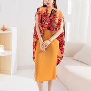 Pleated fashionable suit with slim dress + printed shawl jacket two-piece set