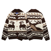 Retro Elk Jacquard Small Lapel Knit Cardigan Loose Lazy Couple Sweater