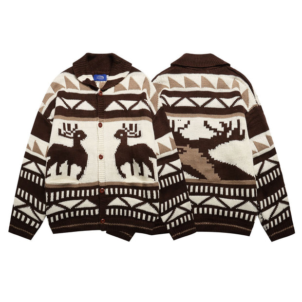Retro Elk Jacquard Small Lapel Knit Cardigan Loose Lazy Couple Sweater
