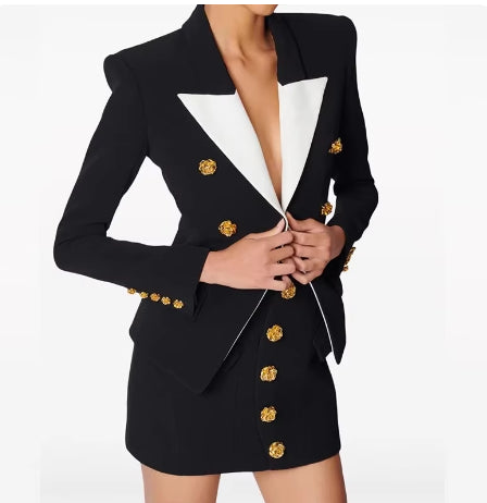 European and American celebrity fashion color blocking metal rose button slim fit suit jacket