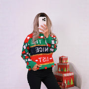 Color blocked printed knitted pullover sweater with round neck and casual loose fit for women's clothing