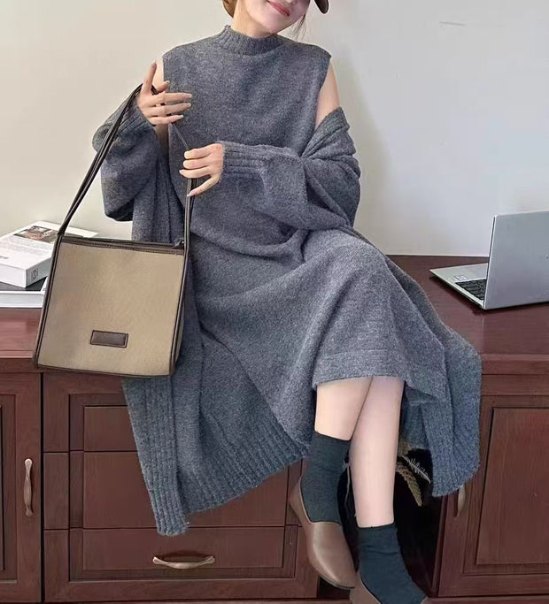 Lazy style long vest dress knitted cardigan set autumn and winter thick temperament versatile sweater jacket