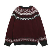 Retro Jacquard Crew Neck Cardigan Sweater Unisex Loose Fit Lazy Style Knitwear Jacket