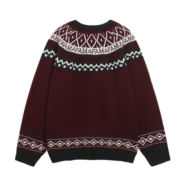 Retro Jacquard Crew Neck Cardigan Sweater Unisex Loose Fit Lazy Style Knitwear Jacket