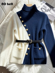 Button Design Contrast Color Long Sleeve Knit Sweater Women Loose Casual Turn-Down Collar Sweater