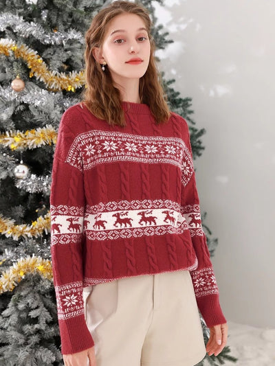Knitted sweater women's jacquard loose knitted long sleeved top