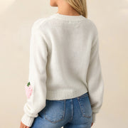 Strawberry Pattern Crew Neck Women's Sweater Elegant Long Sleeve Knitwear