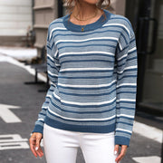 Long sleeved round neck striped sweater for women