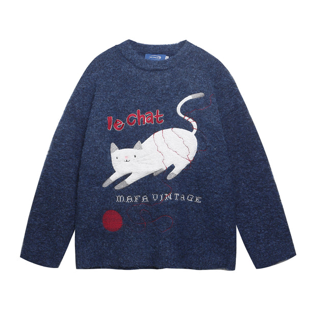 Retro Fun Cute Cat Jacquard Knit Sweater for Men and Women Loose Lazy Couple Top