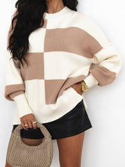 Autumn and Winter Loose Drop Shoulder Knit Sweater Women's Fashion Checkerboard Color Block Round Neck Sweater