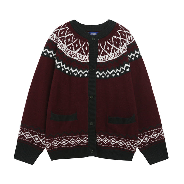 Retro Jacquard Crew Neck Cardigan Sweater Unisex Loose Fit Lazy Style Knitwear Jacket