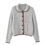 Color blocked border heart button cardigan knit sweater