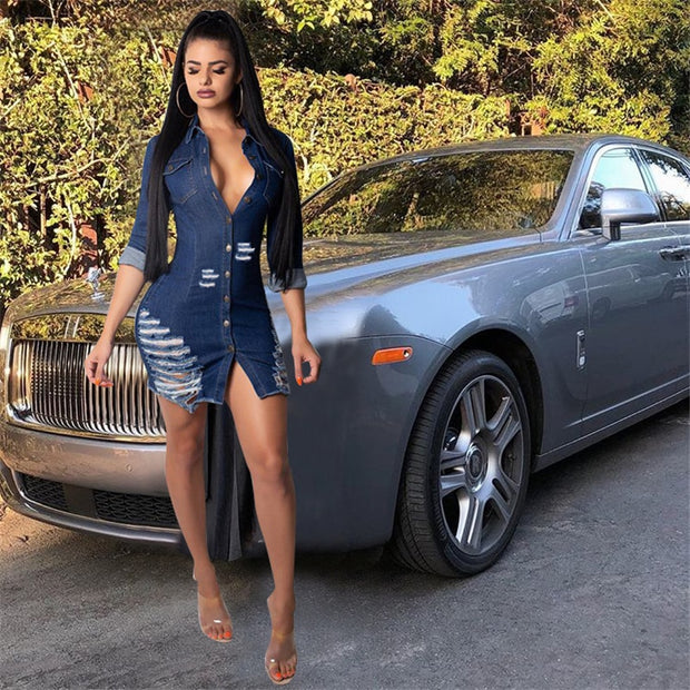 Women Sexy Holes Jeans Dress Buttons Up Turn Down Collar Long Sleeve Denim Mini Night Club Party Dresses