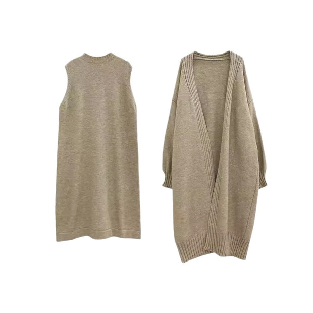 Lazy style long vest dress knitted cardigan set autumn and winter thick temperament versatile sweater jacket