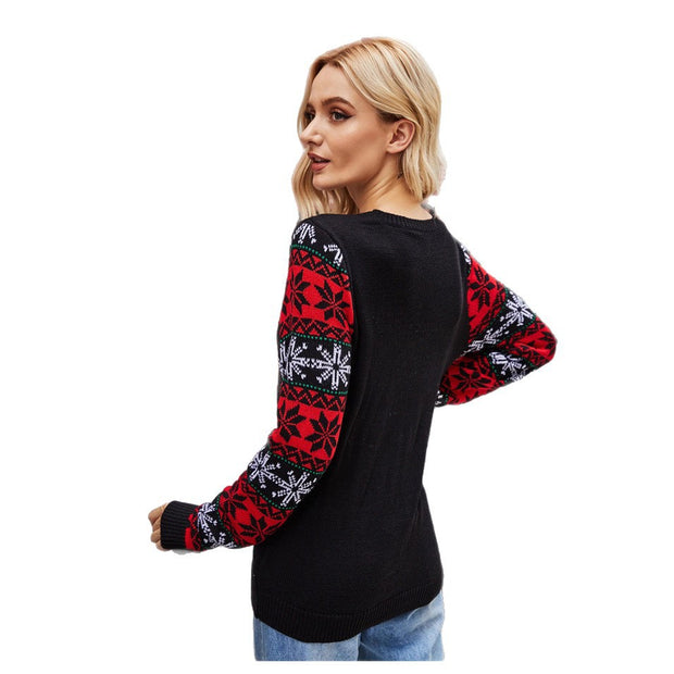 Christmas pullover sweater with Santa Claus embroidery round neck knit sweater for women