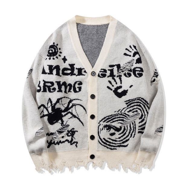 American Street Spider Pattern Button Cardigan Knit Sweater Loose Unisex Coat Warm