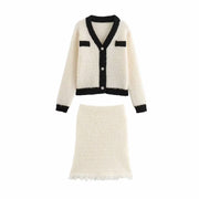 European and American style women's V-neck long sleeved jacket, high waisted skirt set
