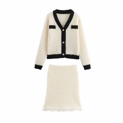 European and American style women's V-neck long sleeved jacket, high waisted skirt set