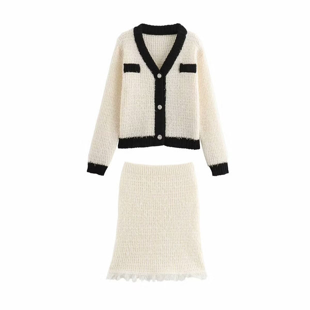 European and American style women's V-neck long sleeved jacket, high waisted skirt set