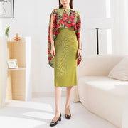 Pleated fashionable suit with slim dress + printed shawl jacket two-piece set