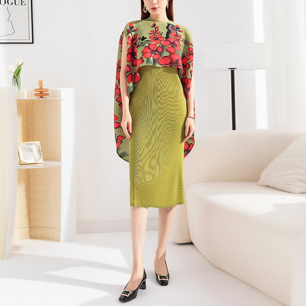 Pleated fashionable suit with slim dress + printed shawl jacket two-piece set