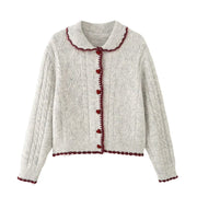 Color blocked border heart button cardigan knit sweater