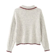 Color blocked border heart button cardigan knit sweater