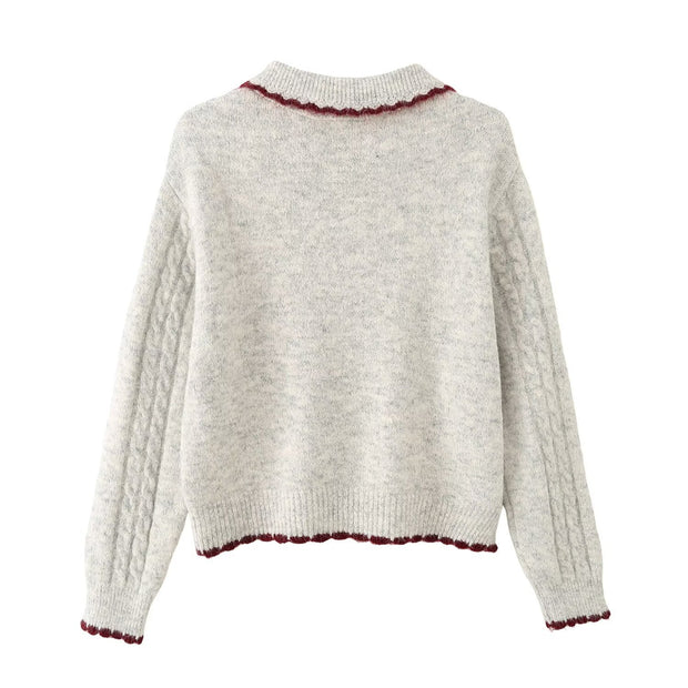 Color blocked border heart button cardigan knit sweater