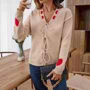 Outerwear Spliced Knit Cardigan with Belt and Heart Jacquard for Women