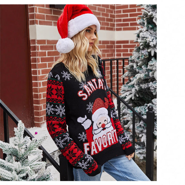Christmas pullover sweater with Santa Claus embroidery round neck knit sweater for women