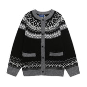 Retro Jacquard Crew Neck Cardigan Sweater Unisex Loose Fit Lazy Style Knitwear Jacket