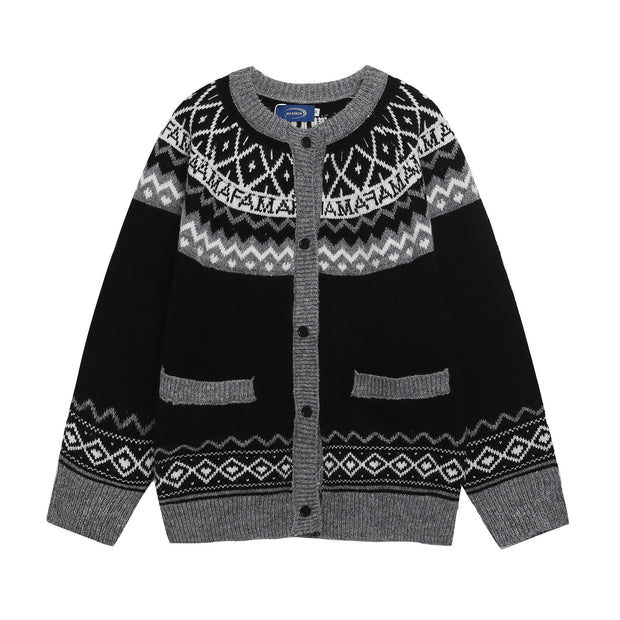 Retro Jacquard Crew Neck Cardigan Sweater Unisex Loose Fit Lazy Style Knitwear Jacket