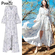 Holiday Floral Printed Ruffles Lantern Sleeve Maxi Dresses For Women Party Night Beach V-Neck Sashes Dress