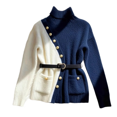 Button Design Contrast Color Long Sleeve Knit Sweater Women Loose Casual Turn-Down Collar Sweater