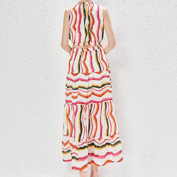 Rainbow Striped Summer Dress High Waist Casual Sleeveless Vintage Elegant A-Line O-Neck Party Night Maxi Dresses Robe Femme
