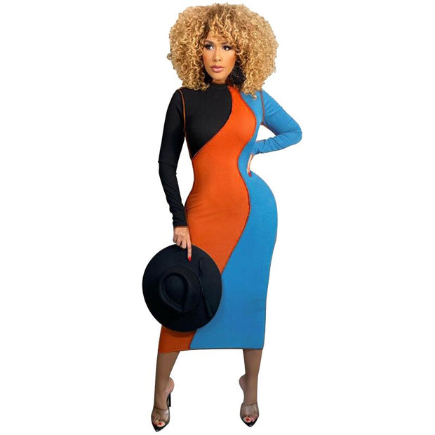 Women's Spring New Large Size Dresses Splicing Contrast Color Fashion Tight Skirts Casual Party Commuting Dresses