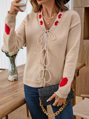 Outerwear Spliced Knit Cardigan with Belt and Heart Jacquard for Women