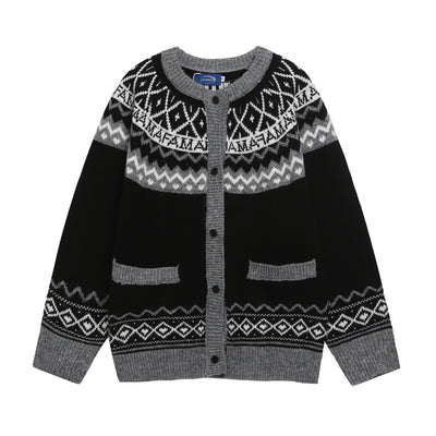 Retro Jacquard Crew Neck Cardigan Sweater Unisex Loose Fit Lazy Style Knitwear Jacket
