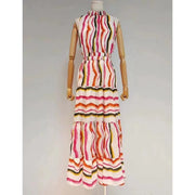 Rainbow Striped Summer Dress High Waist Casual Sleeveless Vintage Elegant A-Line O-Neck Party Night Maxi Dresses Robe Femme