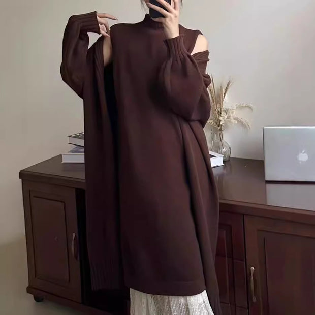 Lazy style long vest dress knitted cardigan set autumn and winter thick temperament versatile sweater jacket