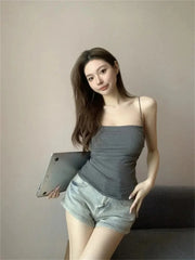 1 Pc Stylish Waist Pleated Corset - Soft support fixed chest pad sleeveless vest Sexy short top with thin straps Solid color