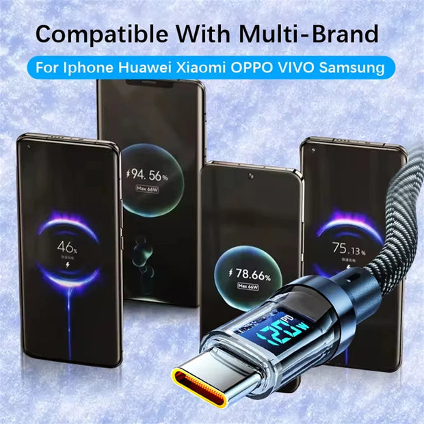 120W Type C to Type C Cable Phone Super Fast Charging Cable With LED Display USB To Type-C Data Cord For huawei oppo vivo