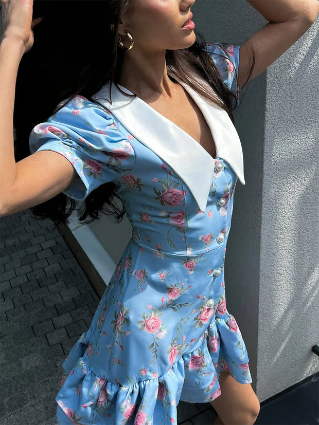 Tornova Print Puff Sleeves Ruffled Dress Women's V-Neck High Waist Pearl Buttons Mini Dress Female Casual Vacation Fashion Dress